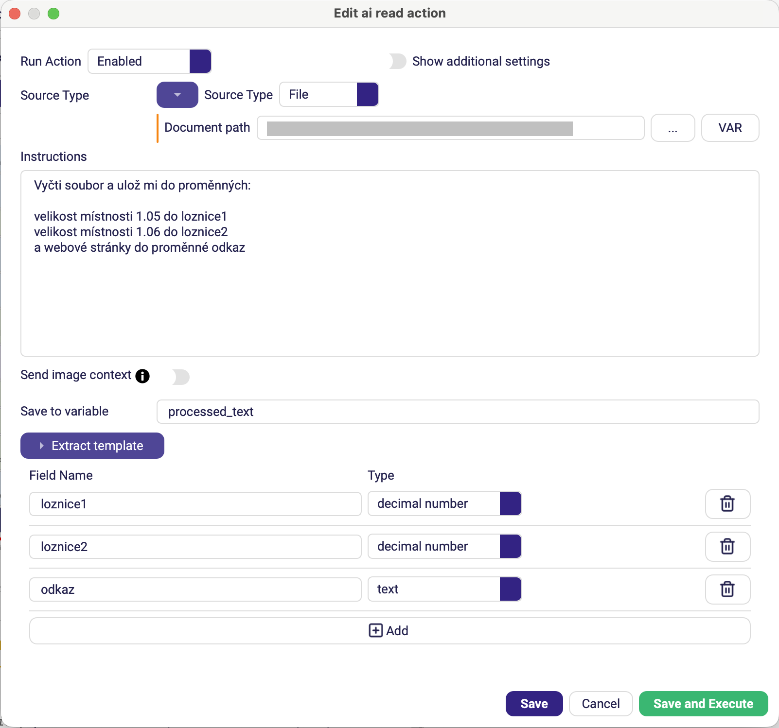 The AI Read form with Source Type set to File, Instructions filled in and three rows in the Extract template table
