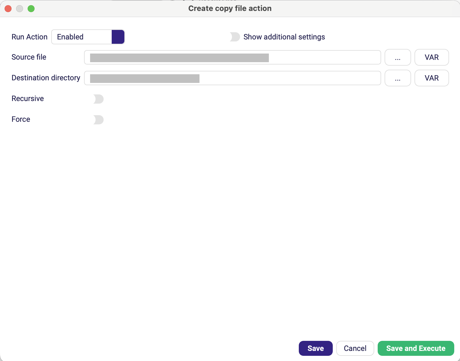 The Copy File form with source and destination paths filled in