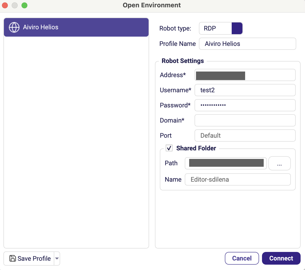 The Open Environment dialog with the RDP robot type selected, the profile list on the left and Robot Settings filled in