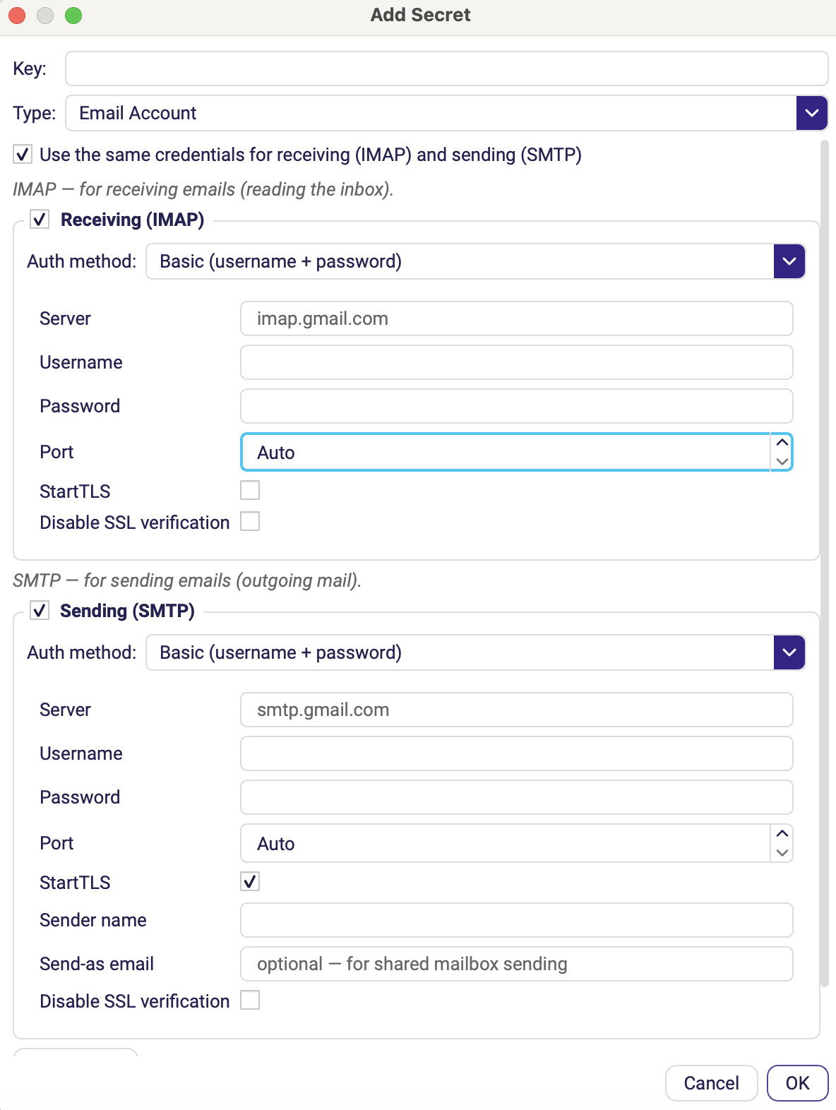 The Add Secret dialog with Type: Email Account, both the