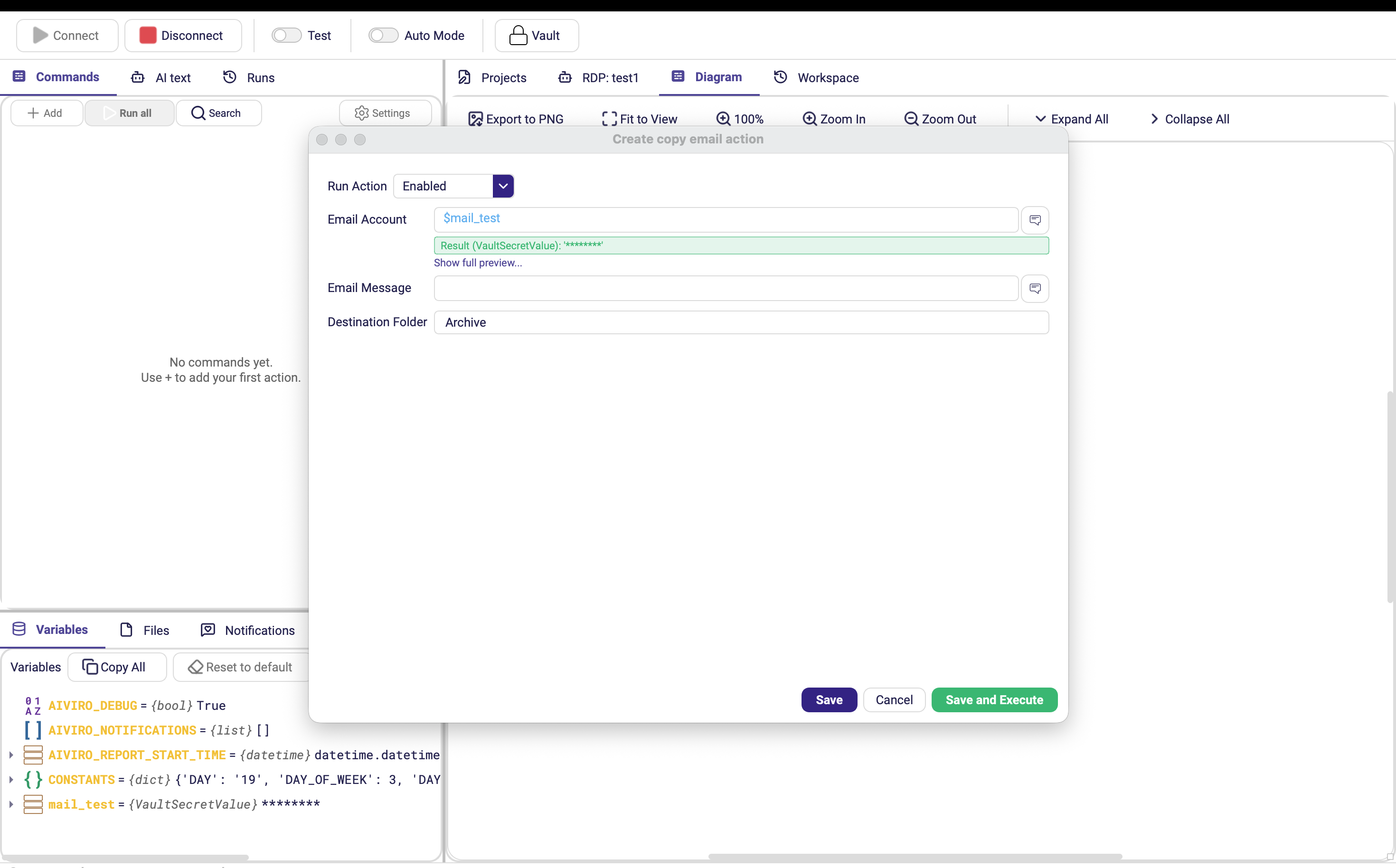 Any e-mail action's form with the Email Account dropdown open, listing the Email Account entries available from the Vault