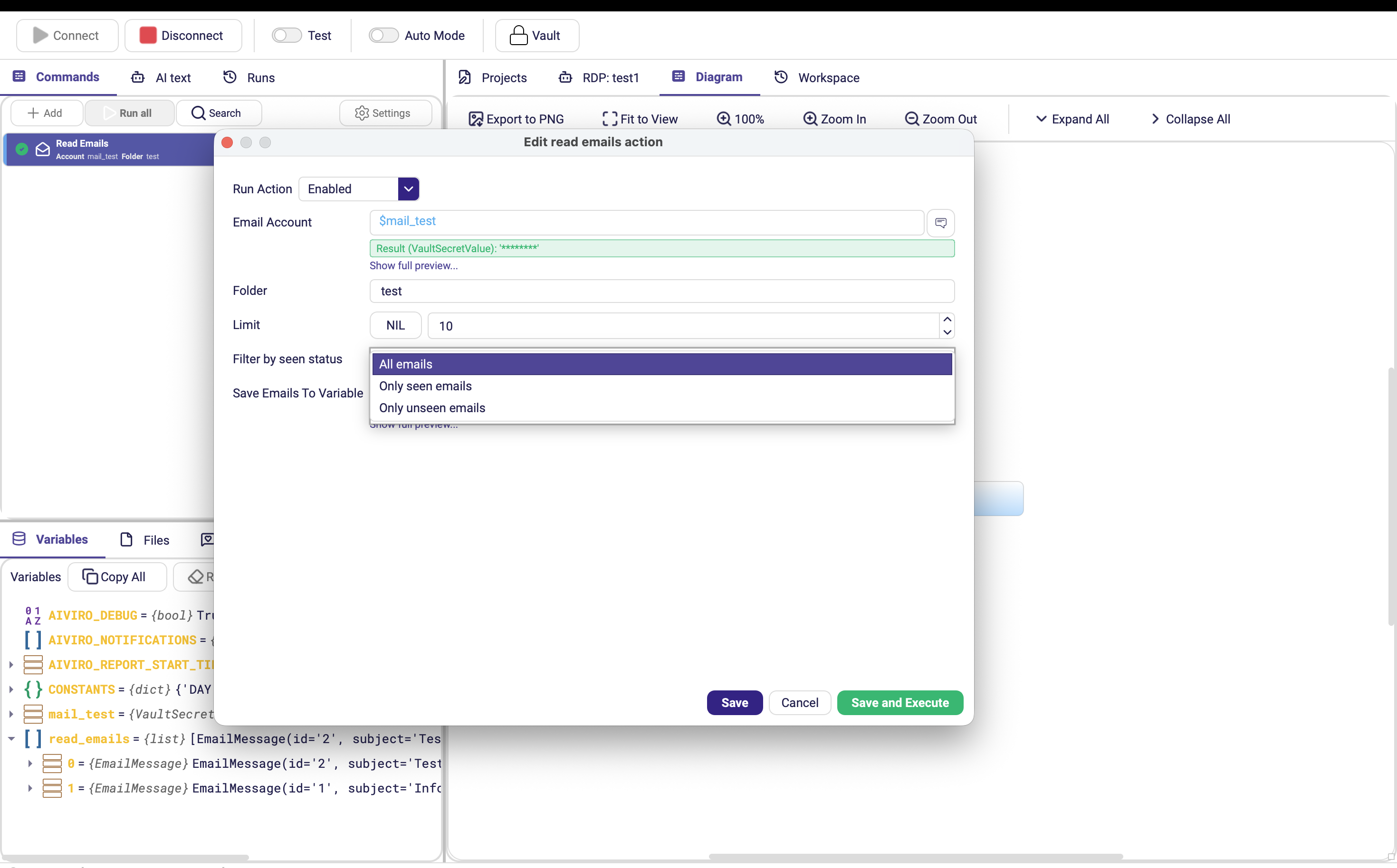 The Read Emails form with Filter by seen status open, plus the