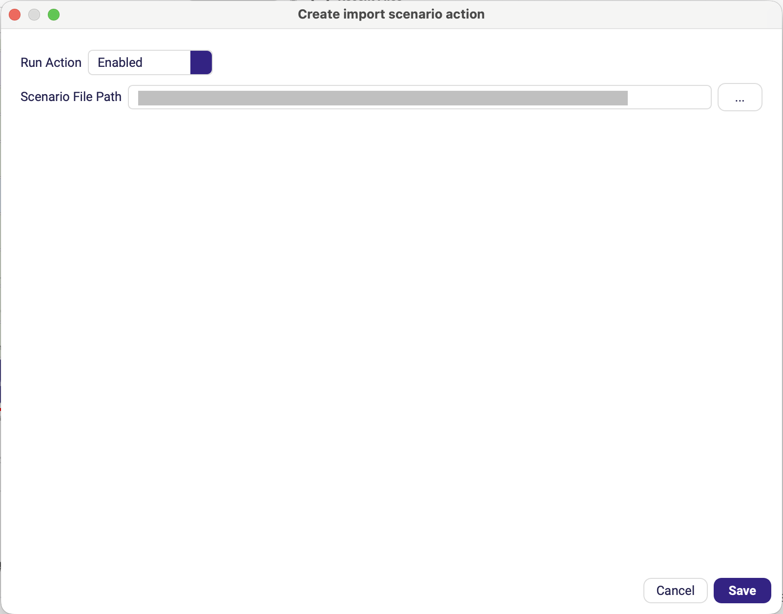The Import Scenario form with a .json scenario path selected