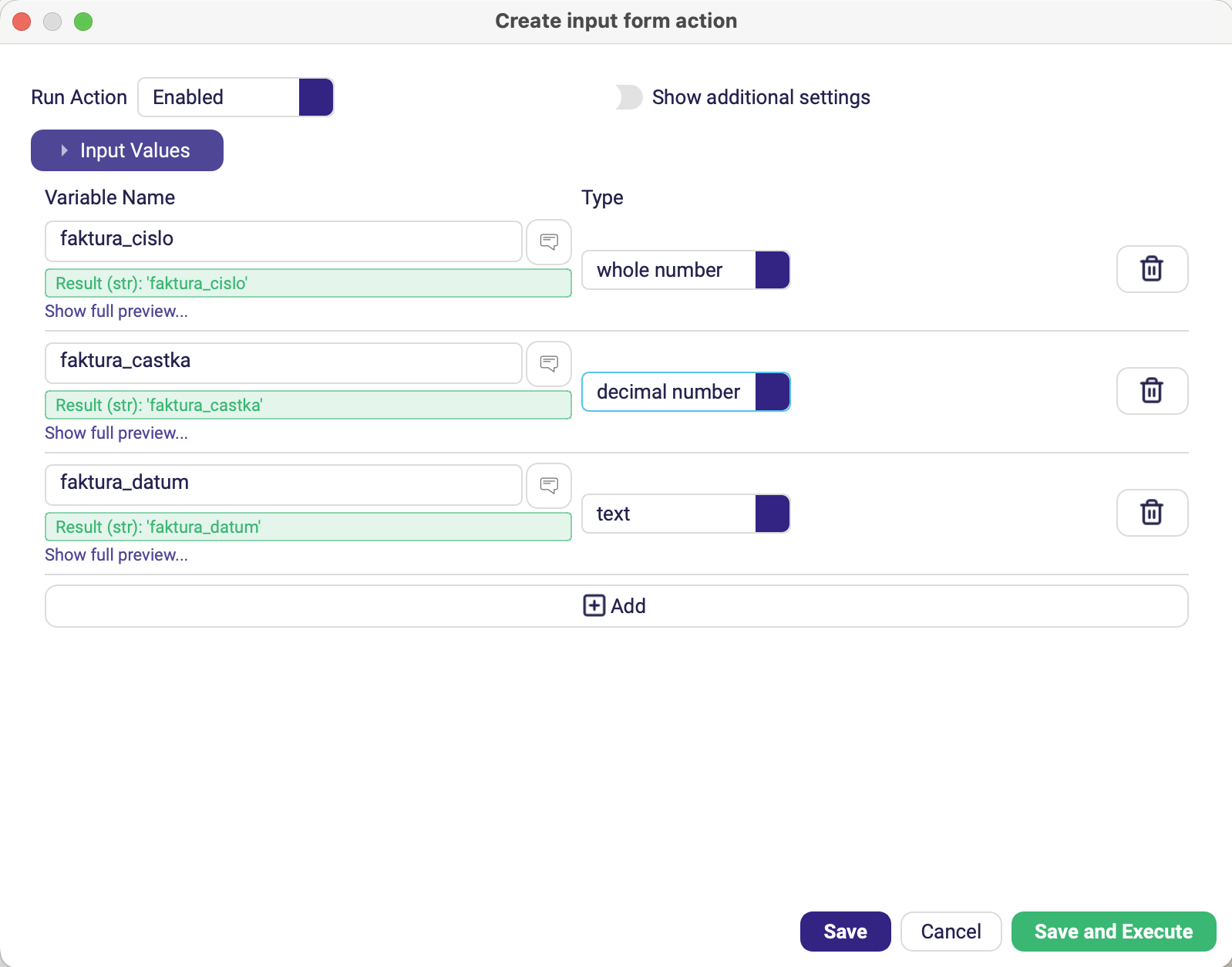 The Input Form action with three rows in Input Values, each a variable name plus its type