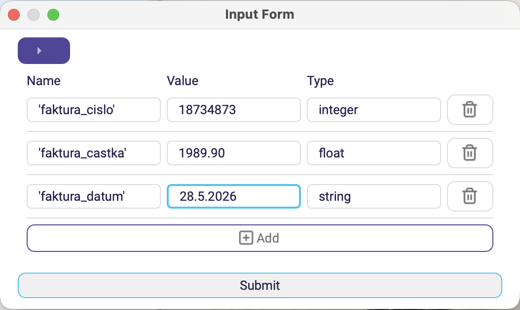 The Input Form dialog the operator sees at runtime, with a value typed into each row