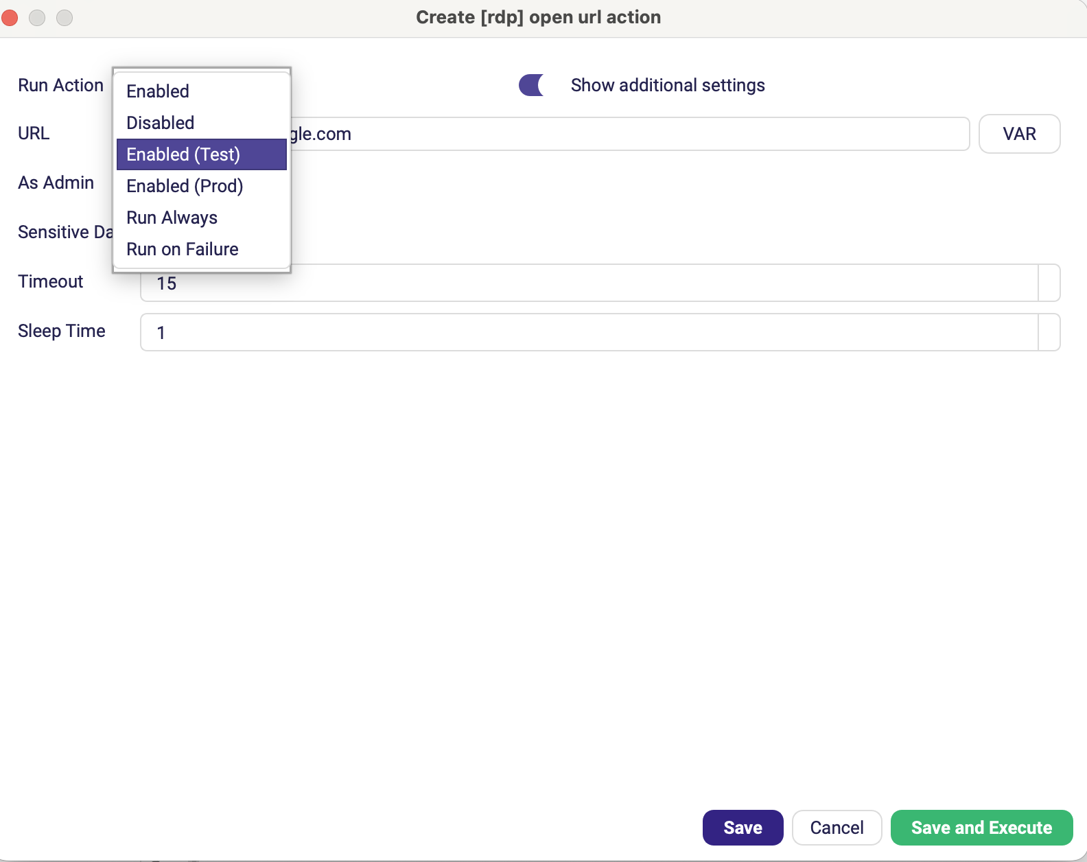 The RDP Open URL form with Advanced options expanded