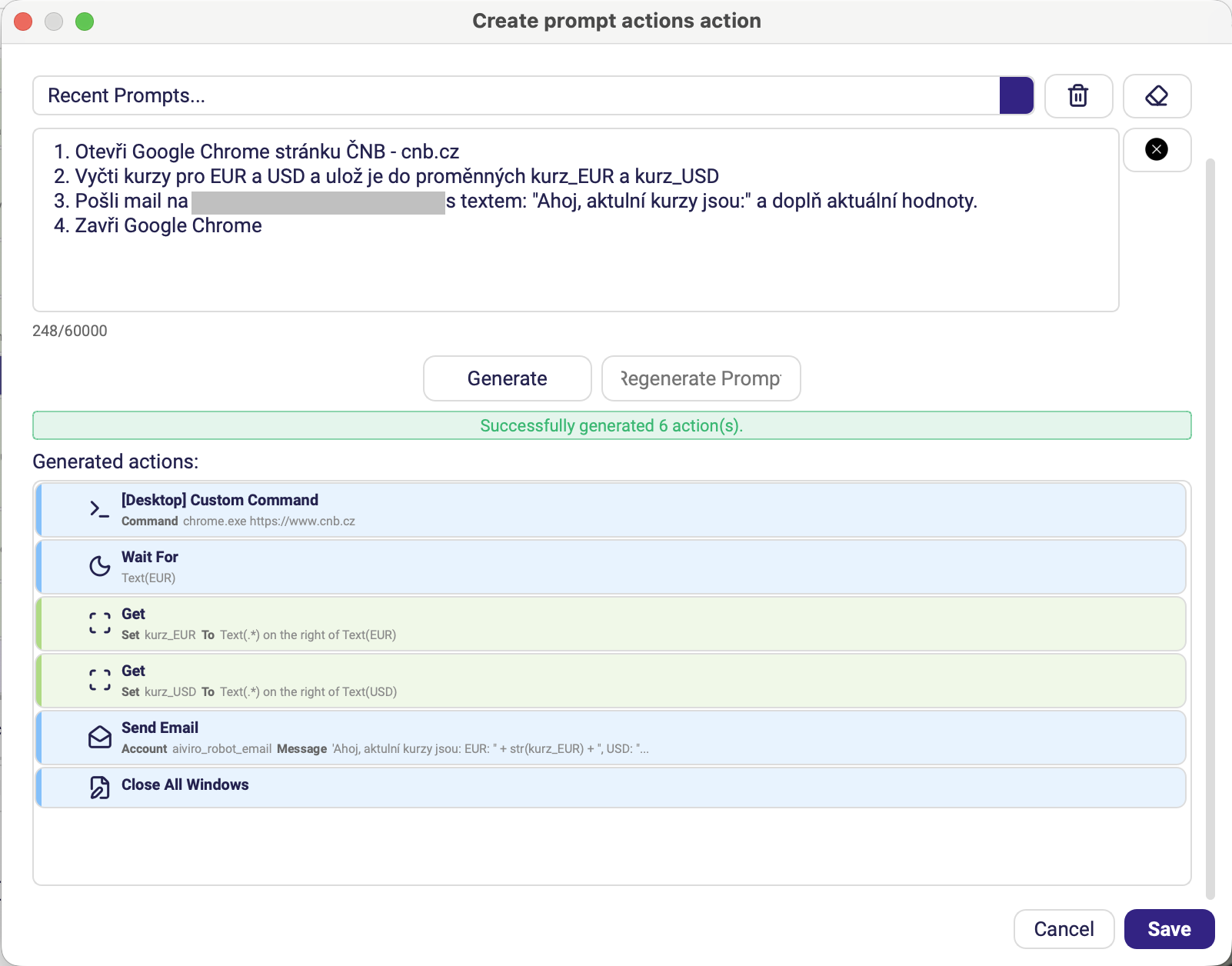 The Prompt Actions dialog with a numbered prompt and the six actions generated from it listed below