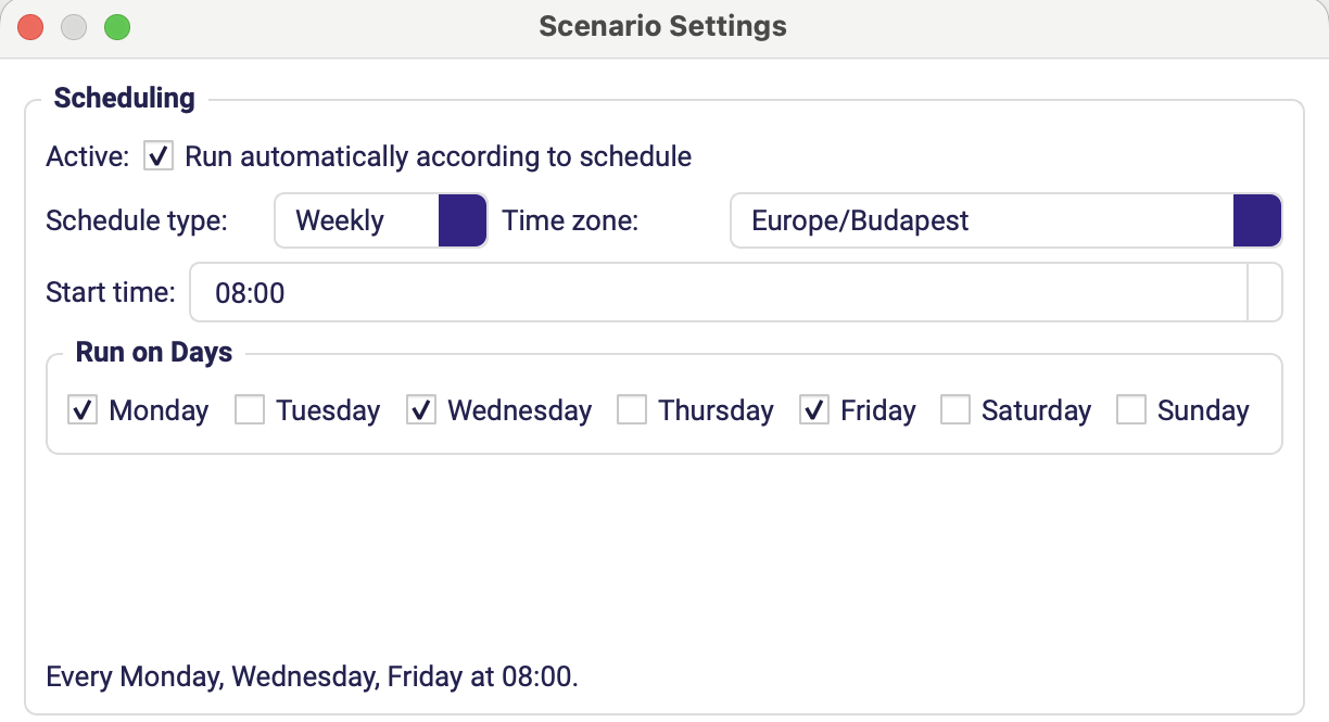 The Weekly schedule editor with a start time set and Monday, Wednesday and Friday ticked