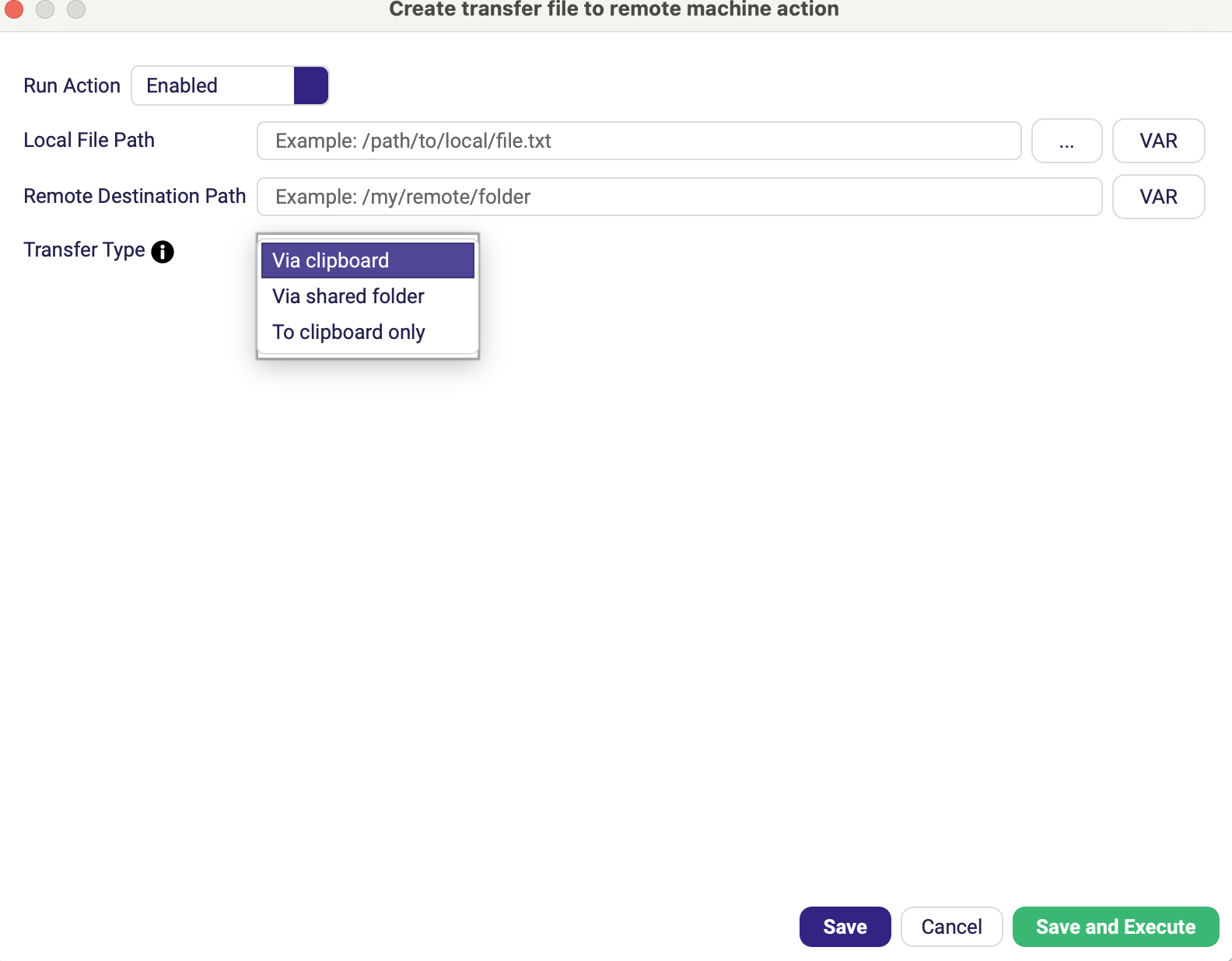 The Transfer File To Remote Machine form with the Transfer Type dropdown open showing all three options