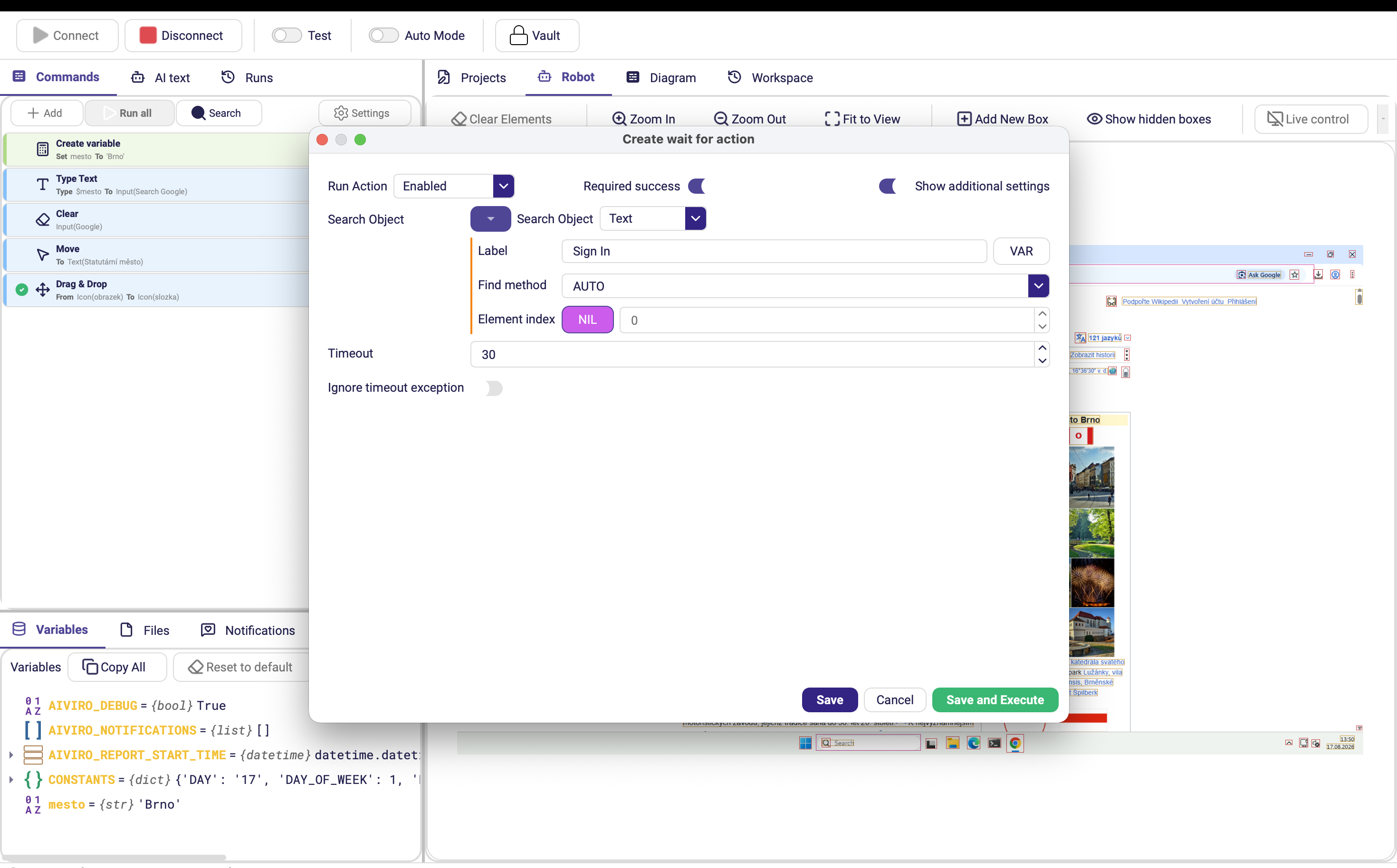 The Wait For form with a search object and Timeout set