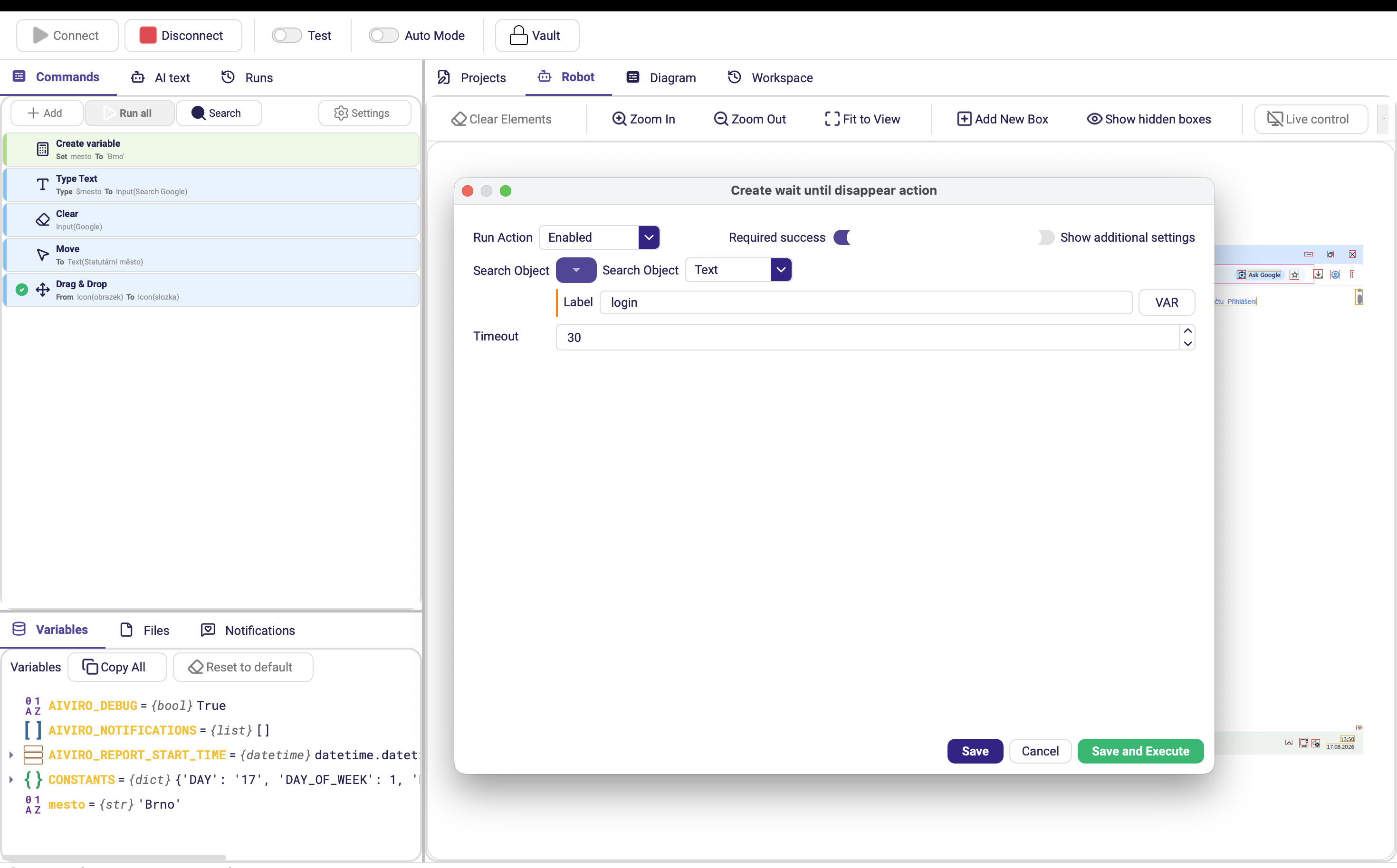 The Wait Until Disappear form with a search object pointing at a progress dialog